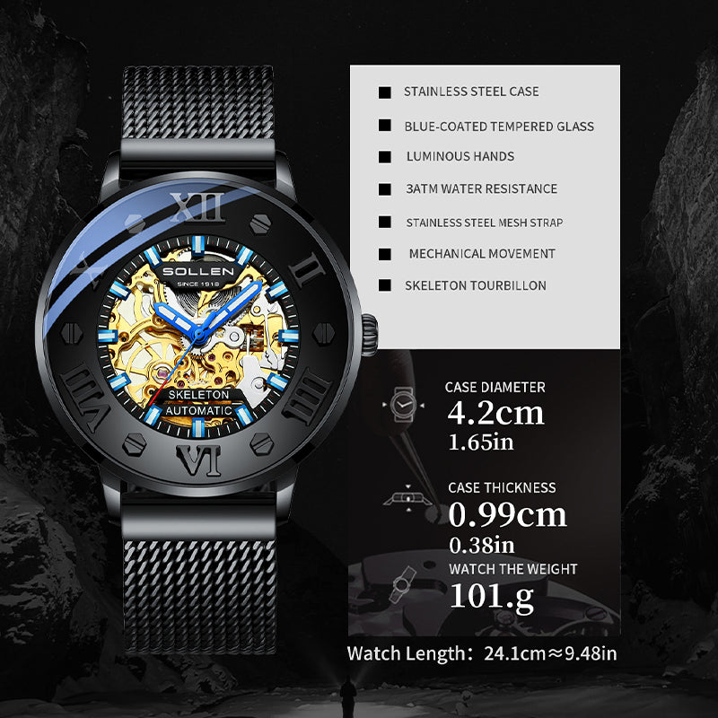 Sollen SL307 Men's Full Skeleton Automatic Mechanical Watch - 42mm Stainless Steel Case Slim 9.9mm Roman Numeral Bezel Mesh Bracelet Wristwatch
