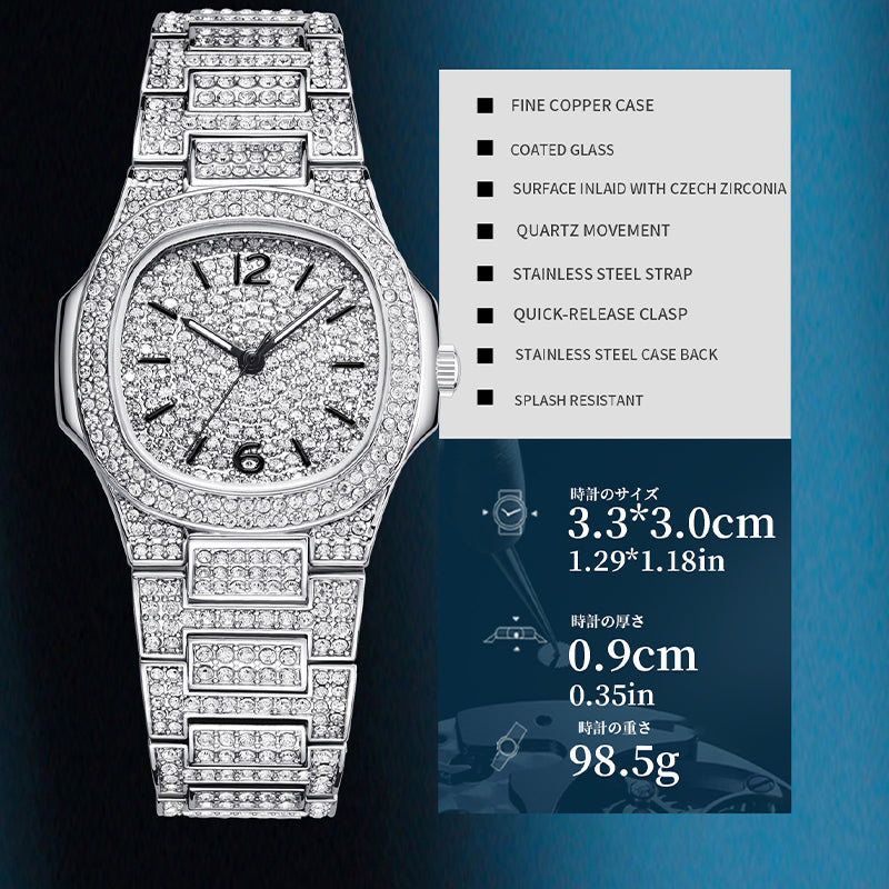 Sollen SL437 Women's Quartz Watch - 33x30mm Full Pave Crystal Dial Fully Iced Out Stainless Steel Bracelet Wristwatch