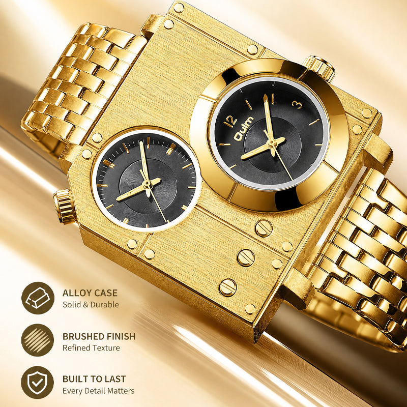 Oulm HT5024 Live Edition Men's Tactical Watch - Cyberpunk Multi Time Zone Dual Movement Rectangle Armor Case Metal Band Sport Wristwatch