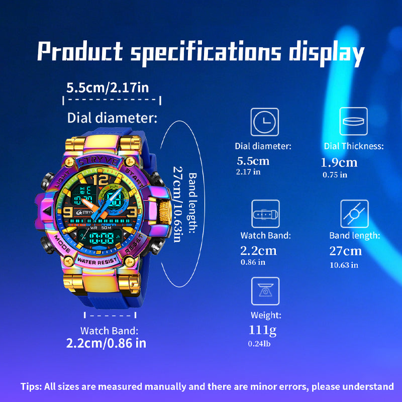 STRYVE S8025 Live Edition Men's Tactical Watch - Cyberpunk Oversized 55mm Armor Case Ana-Digi Dual Time Alarm Chronograph Sport TPU Strap Wristwatch