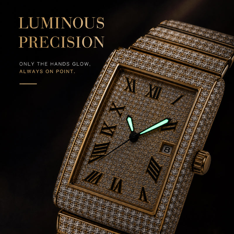 KDW KDW8315L Quartz Watch - Live Edition Women's Luxury 46mm Full Iced-Out Crystal Pavé Square Case Roman Numeral Day-Date Luminous Hands Fully Encrusted Link Bracelet Wristwatch