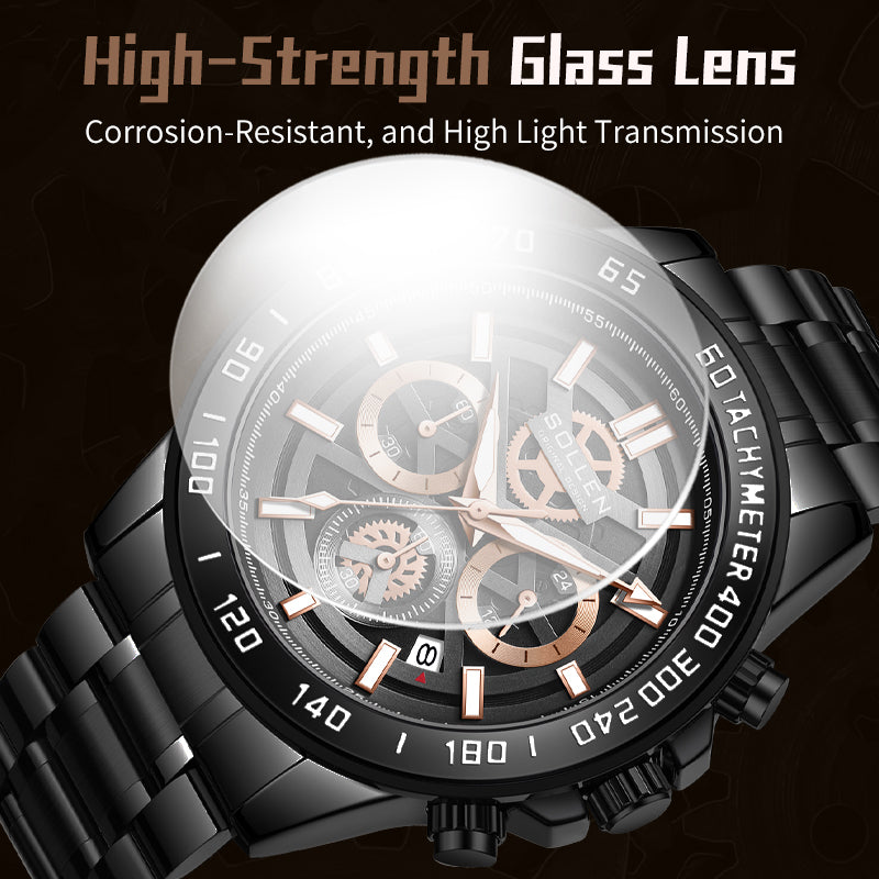 Sollen SL722 Chronograph Watch - Men's All-Black Case Multi-Function Stainless Steel Link Bracelet Wristwatch