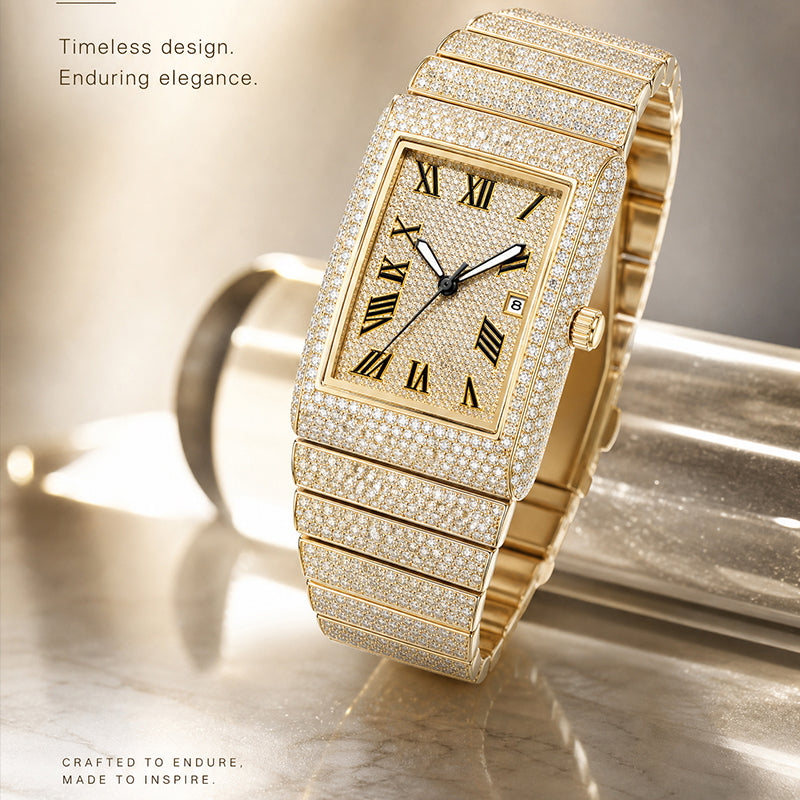 KDW KDW8337G Quartz Watch - Live Edition Men's Luxury Heavy 54mm Full Iced-Out Crystal Pavé Square Case Roman Numeral Day-Date Fully Encrusted Wide Link Bracelet Wristwatch