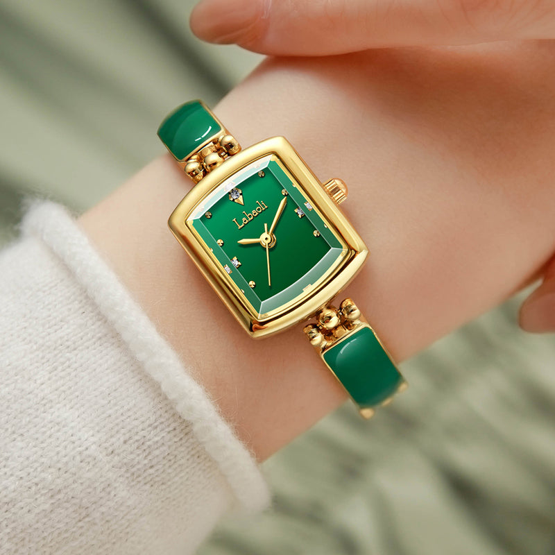Labaoli LA653 Quartz Watch - Live Edition Women's Elegant 20mm Square Tonneau Case Faceted Diamond-Cut Glass Minimalist Crystal Dial Full IPG Gold Enamel Texture Bangle Bracelet Timepiece