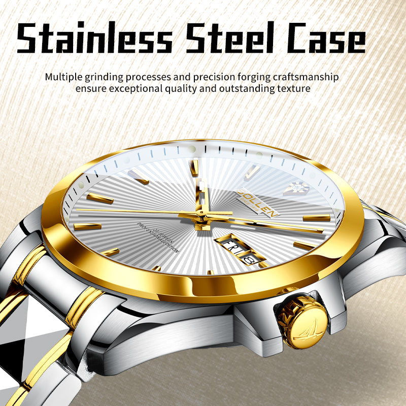 Sollen 9083 Automatic Watch - Men's Dress Citizen 8205 Sunburst Dial Day Date 7-Bead Steel Bracelet Wristwatch