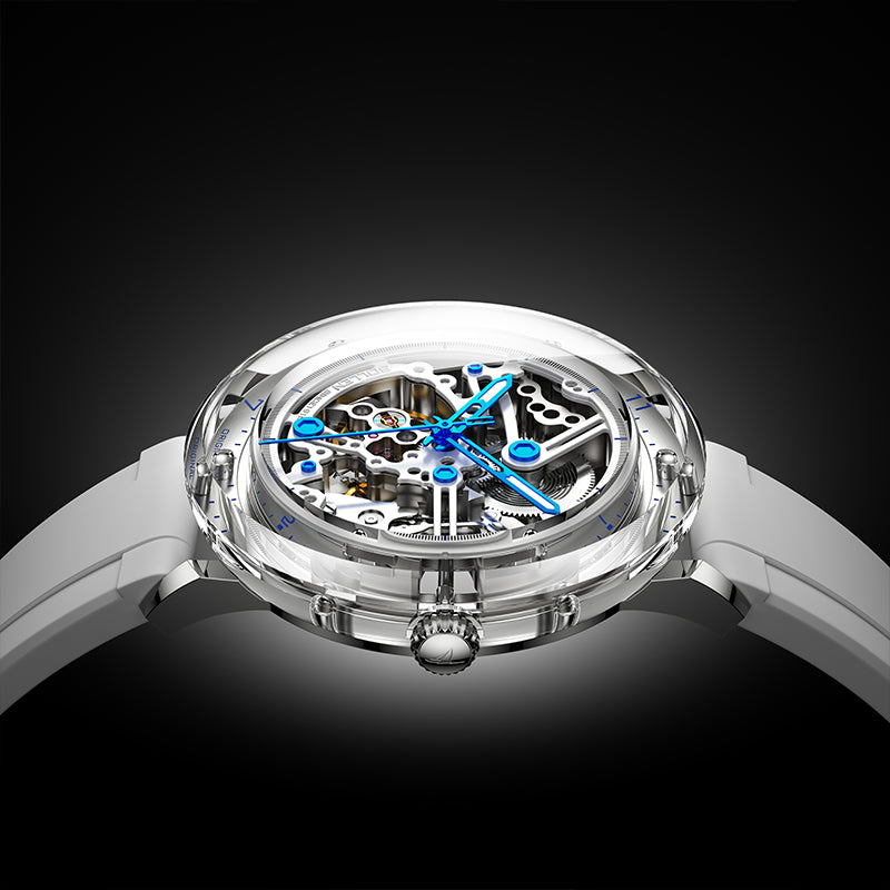 Sollen SL320 Men's Full Skeleton Automatic Mechanical Watch - 42mm K9 Glass Case Sandblasted Open Dial Fluororubber Strap Wristwatch