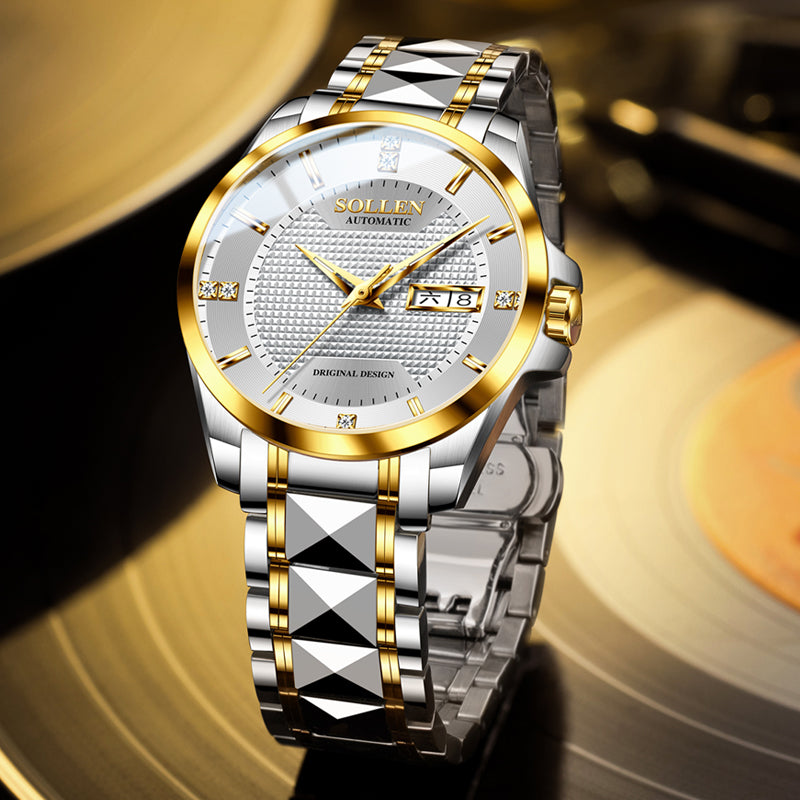 Sollen 9087 Automatic Watch - Men's Dress Citizen 8205 Grid Dial Day Date Crystal Luminous Marker 7-Bead Steel Bracelet Wristwatch