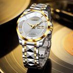 Sollen 9087 Automatic Watch - Men's Dress Citizen 8205 Grid Dial Day Date Crystal Luminous Marker 7-Bead Steel Bracelet Wristwatch
