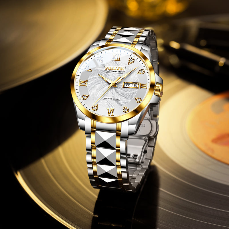 Sollen 9089 Automatic Watch - Men's Dress Citizen 8205 Wavy Dial Day Date Roman Crystal Marker 7-Bead Steel Bracelet Wristwatch