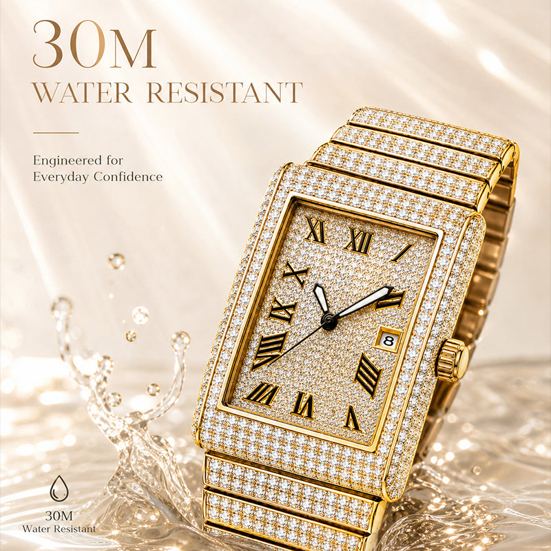 KDW KDW8315L Quartz Watch - Live Edition Women's Luxury 46mm Full Iced-Out Crystal Pavé Square Case Roman Numeral Day-Date Luminous Hands Fully Encrusted Link Bracelet Wristwatch
