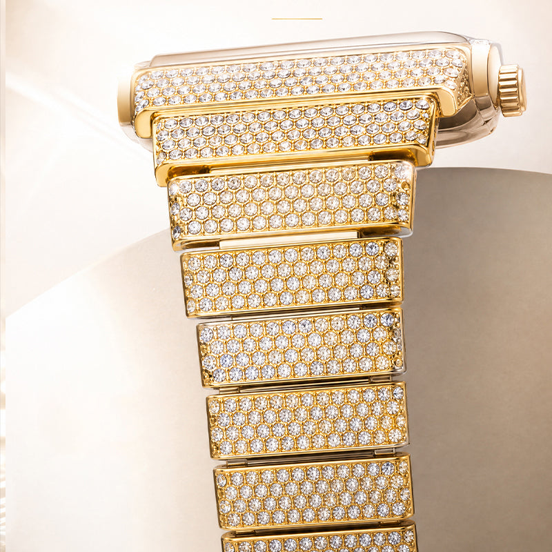 KDW KDW8315L Quartz Watch - Live Edition Women's Luxury 46mm Full Iced-Out Crystal Pavé Square Case Roman Numeral Day-Date Luminous Hands Fully Encrusted Link Bracelet Wristwatch