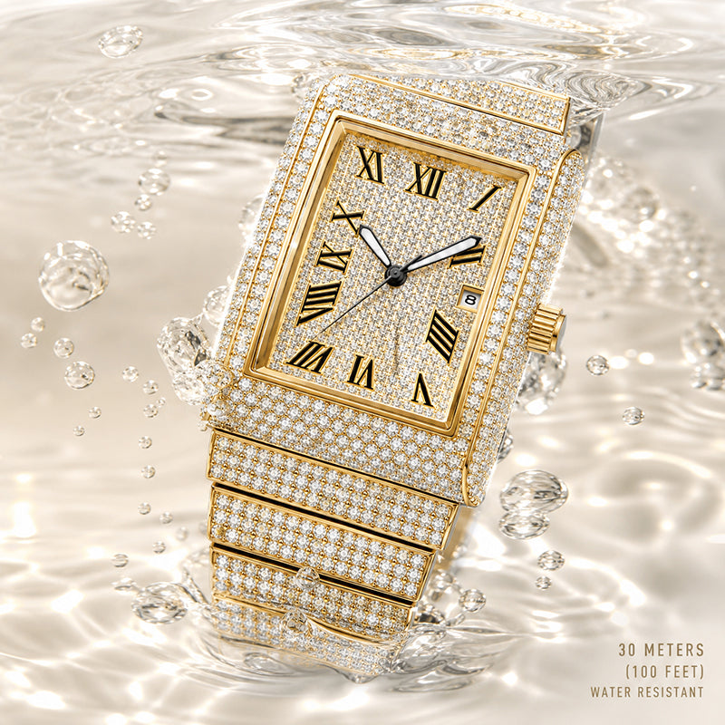 KDW KDW8337G Quartz Watch - Live Edition Men's Luxury Heavy 54mm Full Iced-Out Crystal Pavé Square Case Roman Numeral Day-Date Fully Encrusted Wide Link Bracelet Wristwatch