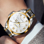 Sollen 9089 Automatic Watch - Men's Dress Citizen 8205 Wavy Dial Day Date Roman Crystal Marker 7-Bead Steel Bracelet Wristwatch