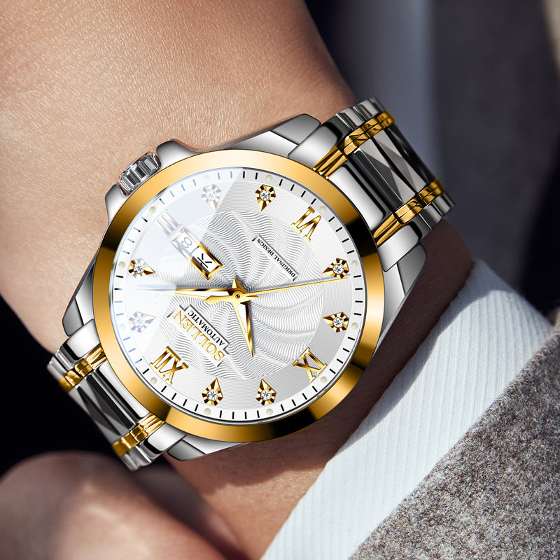 Sollen 9089 Automatic Watch - Men's Dress Citizen 8205 Wavy Dial Day Date Roman Crystal Marker 7-Bead Steel Bracelet Wristwatch