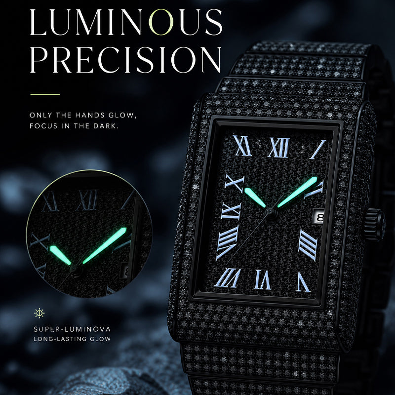 KDW KDW8337G Quartz Watch - Live Edition Men's Luxury Heavy 54mm Full Iced-Out Crystal Pavé Square Case Roman Numeral Day-Date Fully Encrusted Wide Link Bracelet Wristwatch