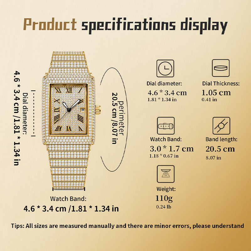 KDW KDW8315L Quartz Watch - Live Edition Women's Luxury 46mm Full Iced-Out Crystal Pavé Square Case Roman Numeral Day-Date Luminous Hands Fully Encrusted Link Bracelet Wristwatch