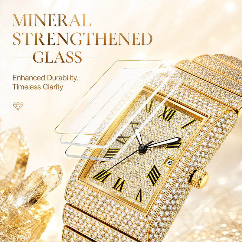 KDW KDW8337G Quartz Watch - Live Edition Men's Luxury Heavy 54mm Full Iced-Out Crystal Pavé Square Case Roman Numeral Day-Date Fully Encrusted Wide Link Bracelet Wristwatch