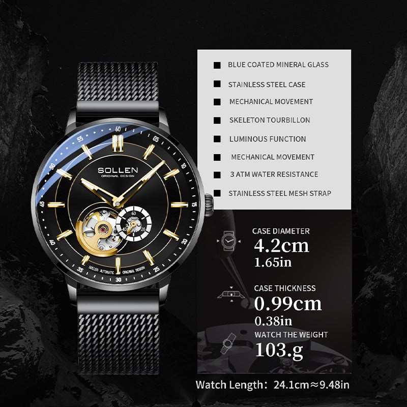 Sollen SL365 Men's Open Heart Automatic Mechanical Watch - 42mm Stainless Steel Case Slim 9.9mm Miyota 82S5 Movement Small Seconds Mesh Bracelet Wristwatch