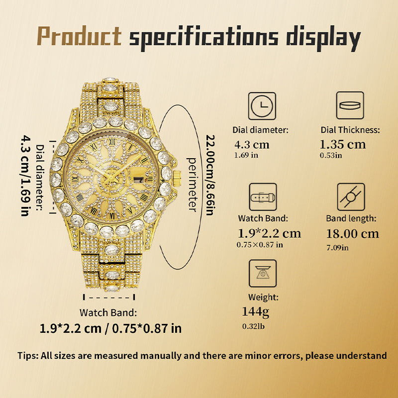 MISSFOX V380L Live Edition Men's Iced Out Watch - Luxury Large Crystal Bezel Pave Roman Numerals Dial Date Window Metal Band Hiphop Wristwatch