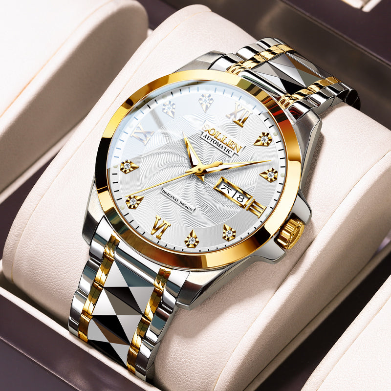 Sollen 9089 Automatic Watch - Men's Dress Citizen 8205 Wavy Dial Day Date Roman Crystal Marker 7-Bead Steel Bracelet Wristwatch