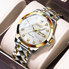 Sollen 9089 Automatic Watch - Men's Dress Citizen 8205 Wavy Dial Day Date Roman Crystal Marker 7-Bead Steel Bracelet Wristwatch