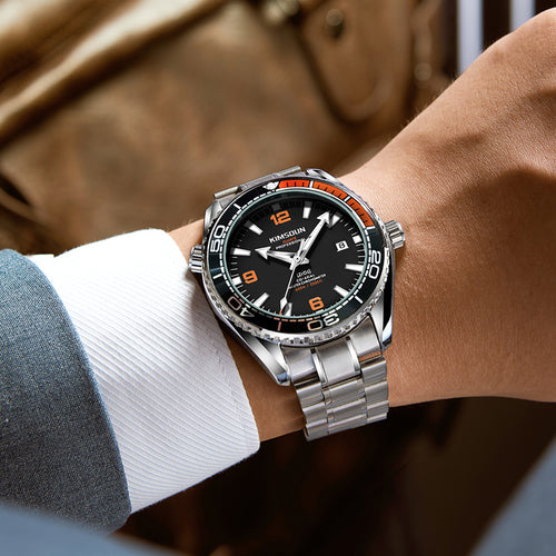 JEMSDUN JSD1803 Live Edition Men's Planet Ocean Style Diver Quartz Watch - 44mm Silver Case Orange & Black Bezel Luminous Dial 3H Date Metal Band Wristwatch