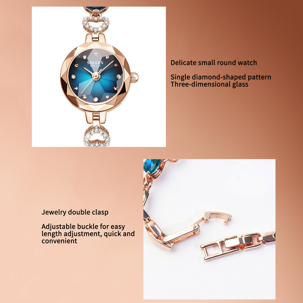 Sollen SL470 Quartz Watch - Women's Oval Peacock Blue Dial Faceted Prismatic Glass Jewelry Bracelet Wristwatch