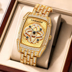 LOOK WORLD RKS1032 Live Edition Men's Iced Out Watch - Luxury Full Crystals Encrusted Tonneau Case Creative Spinning Kinetic Dial Metal Band Hiphop Wristwatch