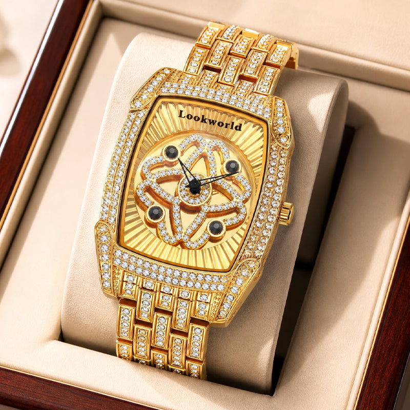 LOOK WORLD RKS1032 Live Edition Men's Iced Out Watch - Luxury Full Crystals Encrusted Tonneau Case Creative Spinning Kinetic Dial Metal Band Hiphop Wristwatch