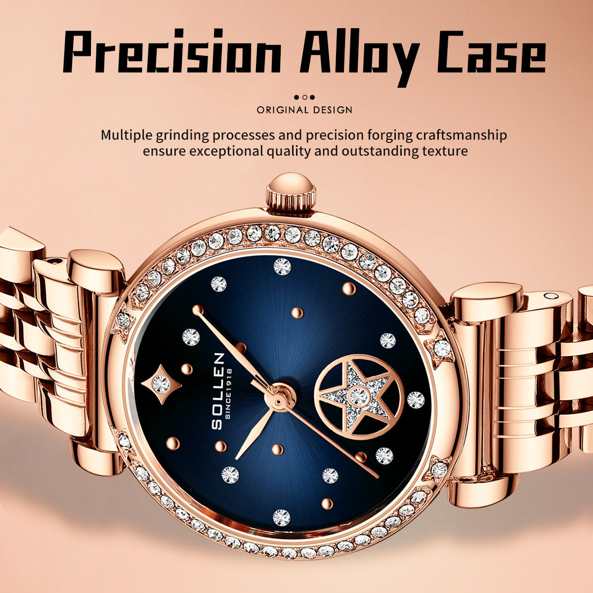 Sollen SL458 Quartz Watch - Women's Stainless Steel Solid 7-Bead Bracelet Starry Gradient Dial Wristwatch