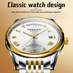 Sollen 9016 Automatic Watch - Men's Full Day Date Sunray Dial 9-Bead Stainless Steel Bracelet Wristwatch