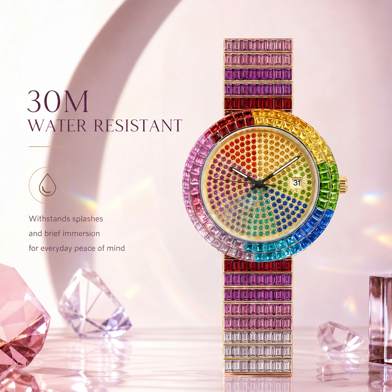 KDW KDW-2401 Quartz Watch - Live Edition Men's & Women's Luxury Iced-Out Full Rainbow Gradient Crystals Encrusted Gold Case Luminous Hands Date Window Stainless Steel Band Hiphop Wristwatch