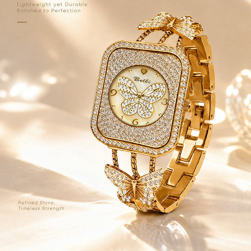 BELBI BL8214 Quartz Watch - Live Edition Luxury Full IPG Gold Crystal Pavé Butterfly Motif Mother-of-Pearl Dial Jewelry Bangle Bracelet Wristwatch