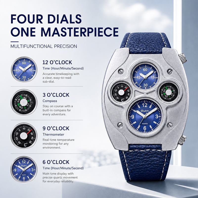 Oulm HP9155 Live Edition Men's Tactical Watch - Cyberpunk Multi Time Zone Dual Movement Shield Armor Case with Built-in Compass & Thermometer Sport Wristwatch
