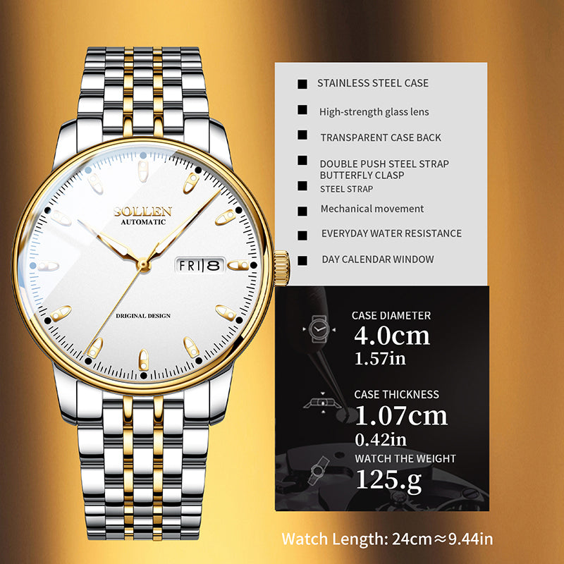 Sollen 9051 Automatic Watch - Men's Full Day Date Sunray Dial 7-Bead Stainless Steel Bracelet Wristwatch