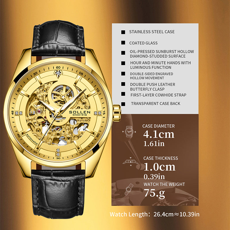 Sollen SL610 Automatic Watch - Men's All-Gold Case Double-Sided Engraved Skeleton Dial Premium Leather Strap Wristwatch