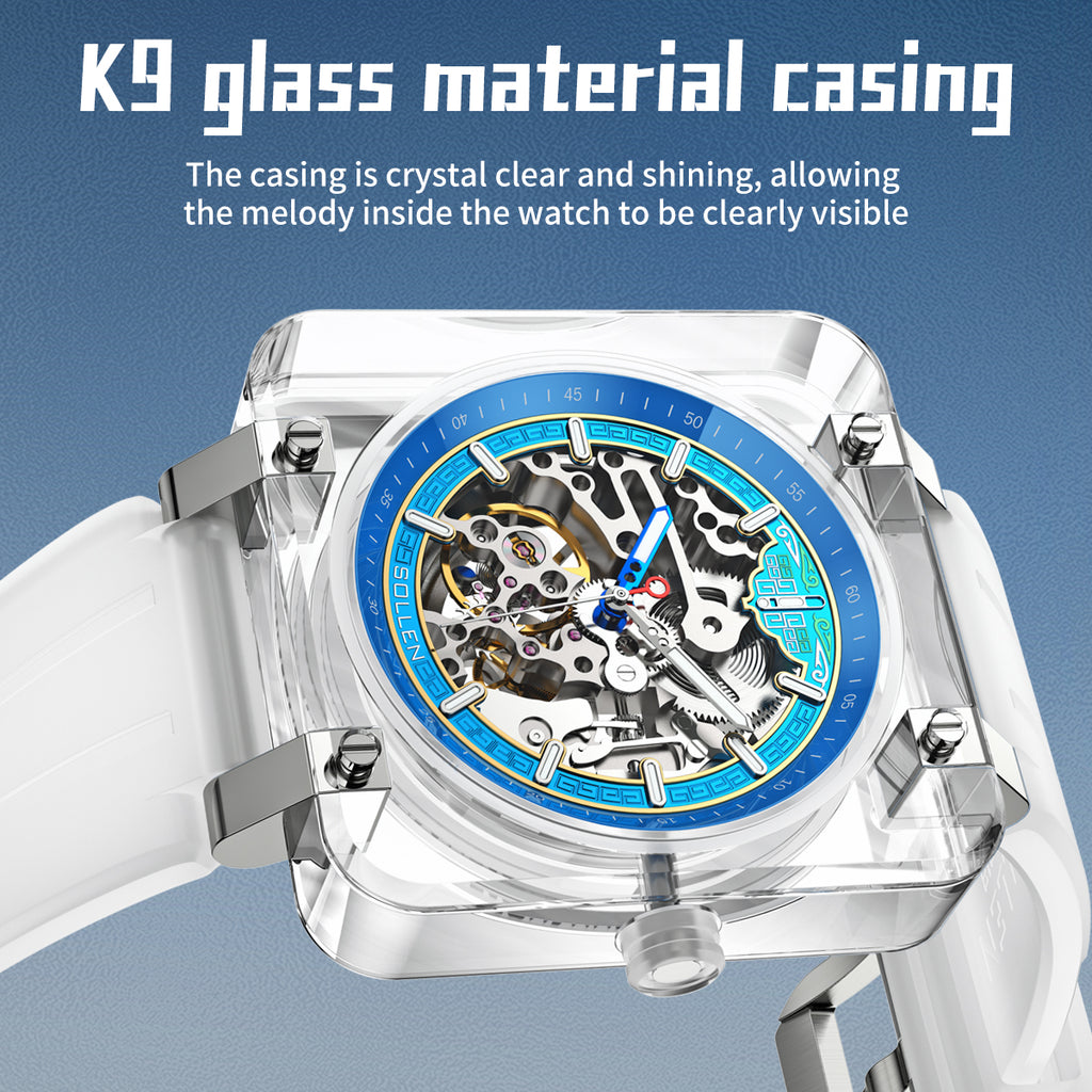 Sollen SL325 Men's Square Skeleton Automatic Mechanical Watch - 42mm Transparent K9 Crystal Case Open Heart Luminous Dial Liquid Silicone Strap Wristwatch