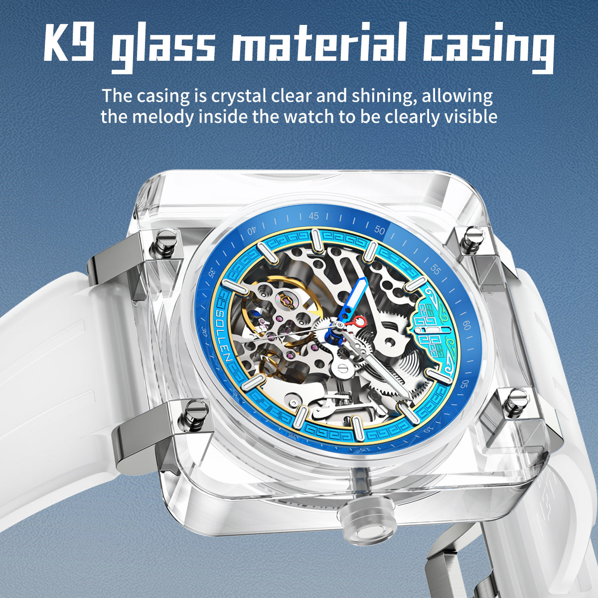 Sollen SL325 Men's Square Skeleton Automatic Mechanical Watch - 42mm Transparent K9 Crystal Case Open Heart Luminous Dial Liquid Silicone Strap Wristwatch