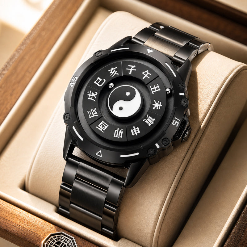 LONGBO LB83899 Quartz Watch - Live Edition Men's Tech 44mm Black Case No-Glass Magnetic Rolling Ball Pointerless Chinese Tai Chi Twelve Earthly Branches Theme Steel Link Bracelet Wristwatch