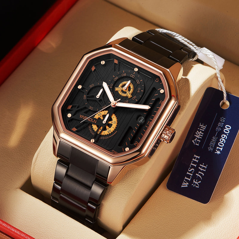 YASHDUN YSD5061 Quartz Watch - Live Edition Men's Heavy Industrial 43mm Square-Octagonal Case Steampunk Mechanical Gear Illusion Dial Date Steel Link Bracelet Wristwatch