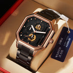 YASHDUN YSD5061 Quartz Watch - Live Edition Men's Heavy Industrial 43mm Square-Octagonal Case Steampunk Mechanical Gear Illusion Dial Date Steel Link Bracelet Wristwatch