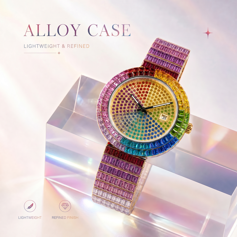 KDW KDW-2401 Quartz Watch - Live Edition Men's & Women's Luxury Iced-Out Full Rainbow Gradient Crystals Encrusted Gold Case Luminous Hands Date Window Stainless Steel Band Hiphop Wristwatch