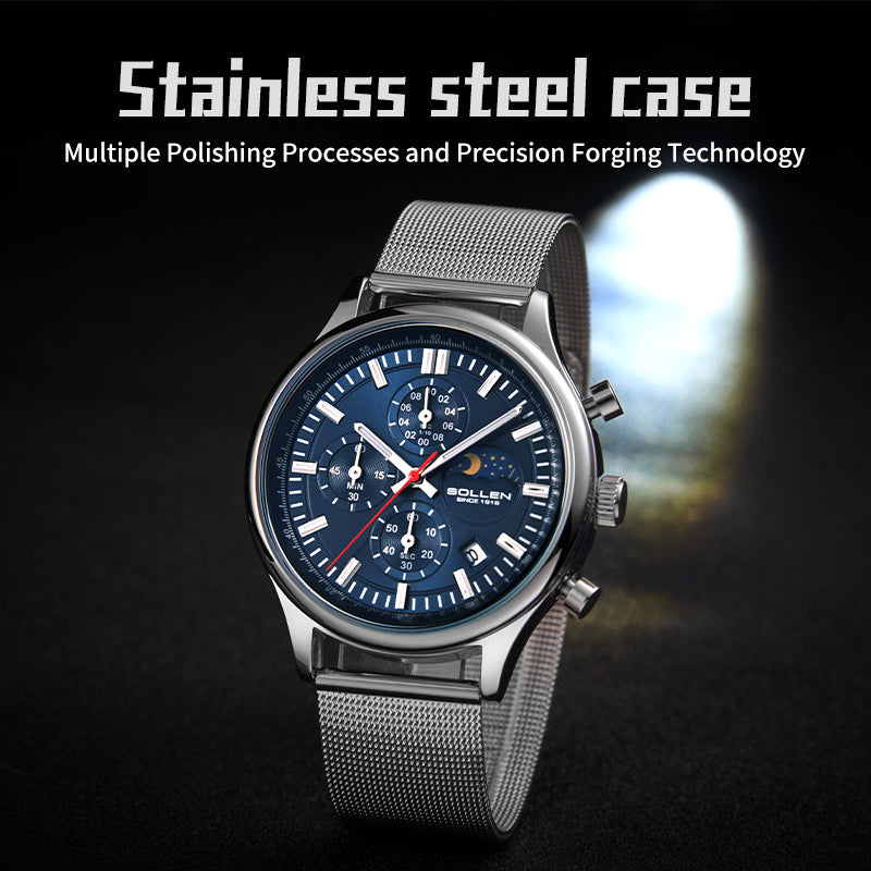 Sollen SL702 Quartz Watch - Men's Multi-Function Chronograph Moonphase Wristwatch
