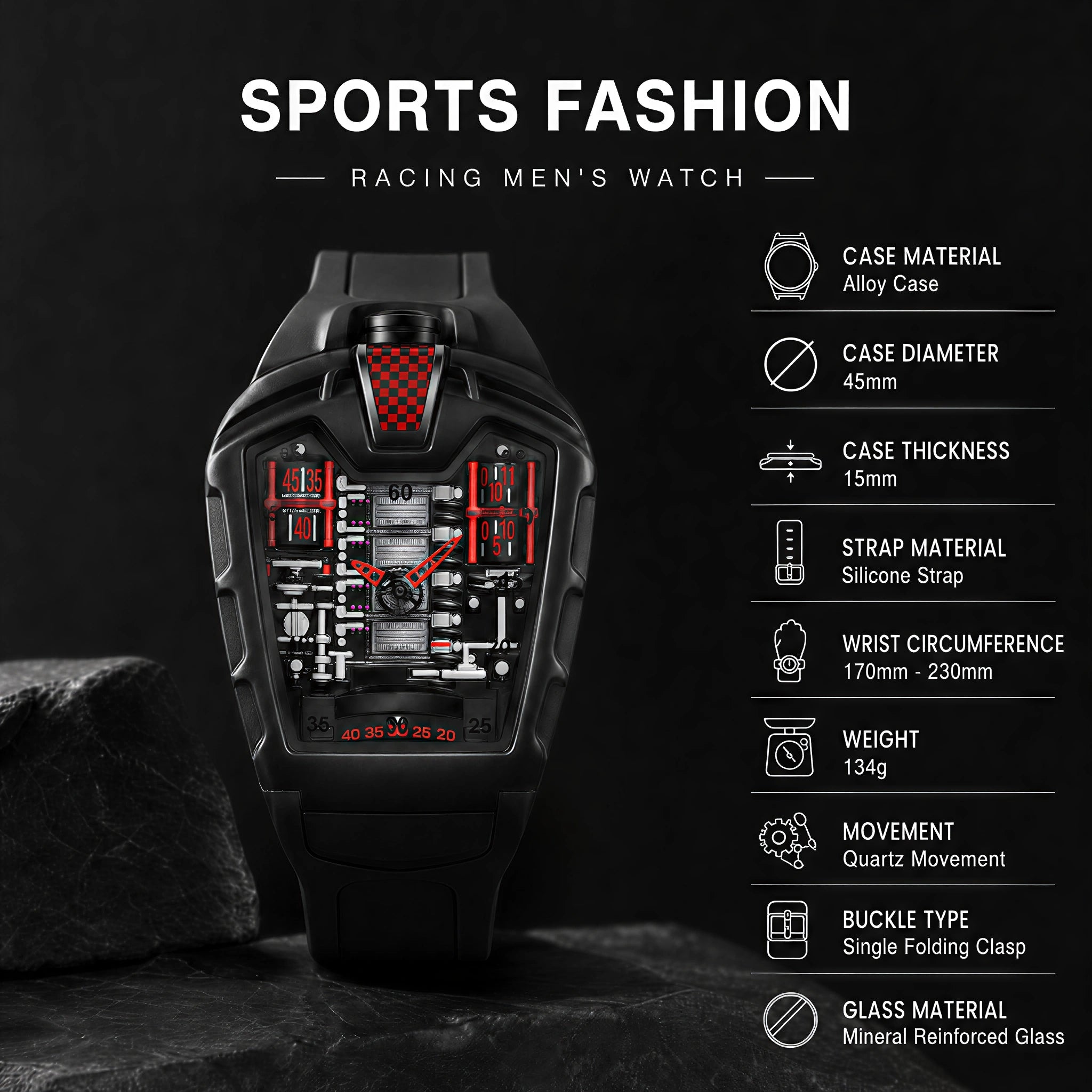 JEMSDUN JSD724 Live Edition Men's Futuristic Racing Engine Quartz Watch - 50x43mm Rose Gold Case V8 Engine Cylinder Dial Bullhead Crown Silicone Strap Wristwatch