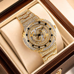 LOOK WORLD RKS257 Live Edition Men's Iced Out Watch - Luxury Full Crystals Encrusted Round Case Creative Spinning Dollar Sign Dial Metal Band Hiphop Wristwatch