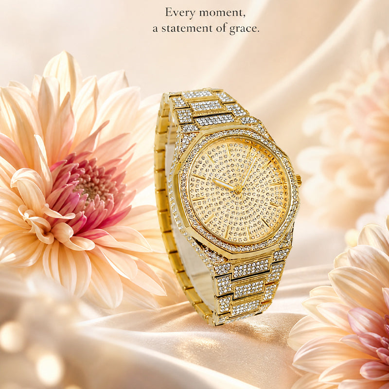 BELBI BELBL-8138 Live Edition Men's Iced Out Watch - Luxury Full Crystals Encrusted Geometric Bezel Pave Gold Dial Metal Band Hiphop Wristwatch