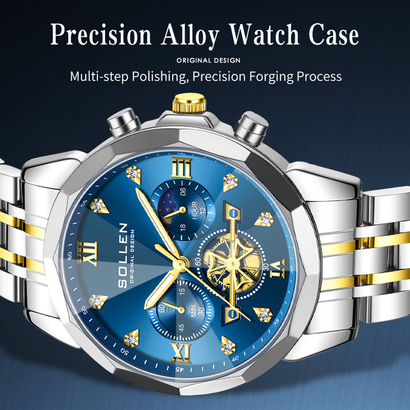 Sollen SL723 Chronograph Watch - Men's Multi-Function Moonphase Two-Tone Stainless Steel Link Bracelet Wristwatch