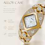 BELBI BL8113 Quartz Watch - Live Edition Women's Luxury Full IPG Gold Crystal Pavé Ornate Shield Case Mother-of-Pearl Dial Jewelry Bracelet Wristwatch