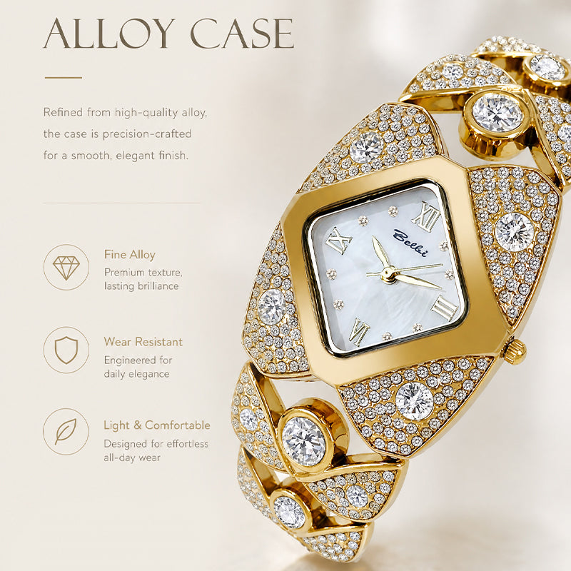 BELBI BL8113 Quartz Watch - Live Edition Women's Luxury Full IPG Gold Crystal Pavé Ornate Shield Case Mother-of-Pearl Dial Jewelry Bracelet Wristwatch