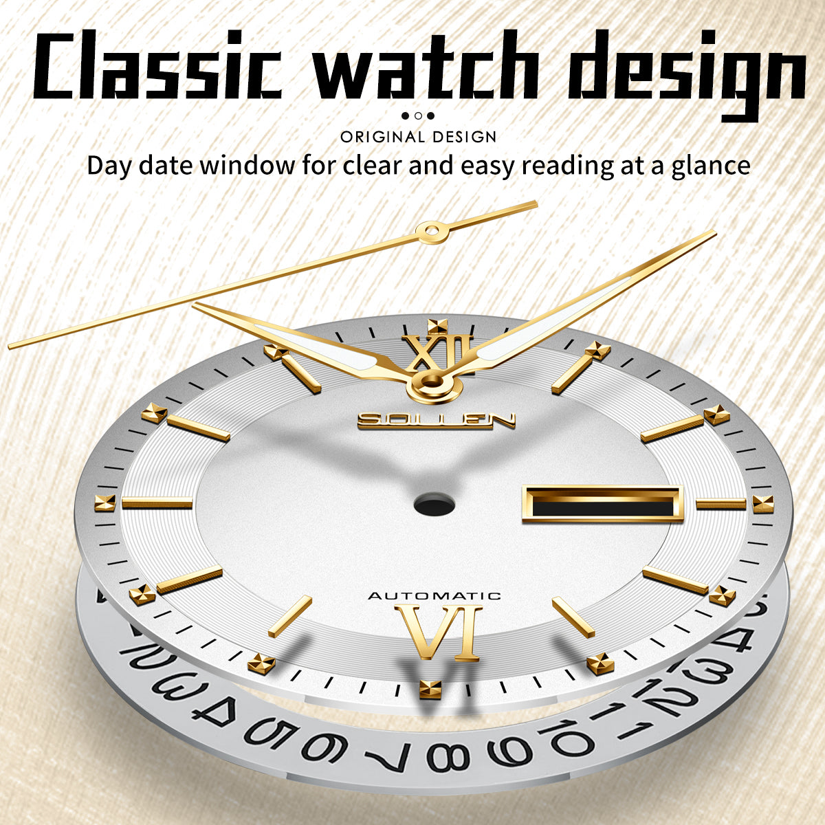 Sollen 9050 Automatic Watch - Men's Dual Calendar Sunray Dial 9-Bead Stainless Steel Bracelet Wristwatch